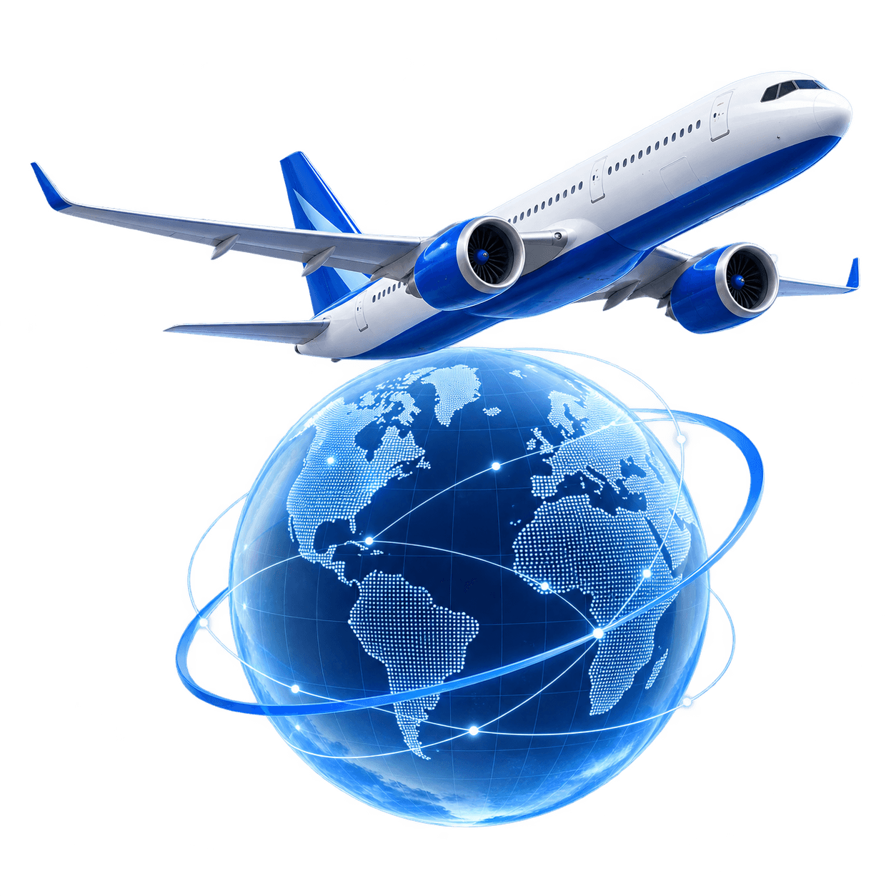 Airplane flying above a connected globe